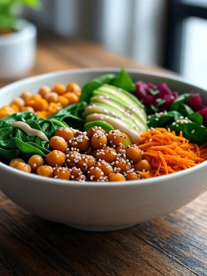Bunte vegane Buddha-Bowl mit geröstetem Kürbis, Kichererbsen und Tahini-Sauce